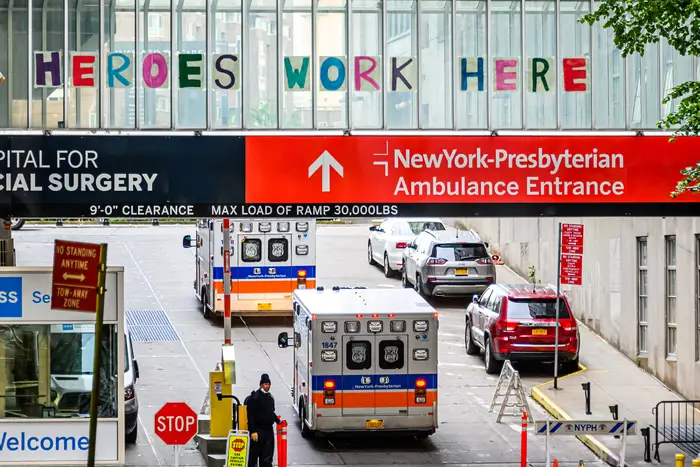 A view of the NewYork-Presbyterian Hospital ambulance entrance during the coronavirus pandemic in May 2020. NewYork-Presbyterian is among four hospitals who reached a tentative deal with the New York State Nurses Association.